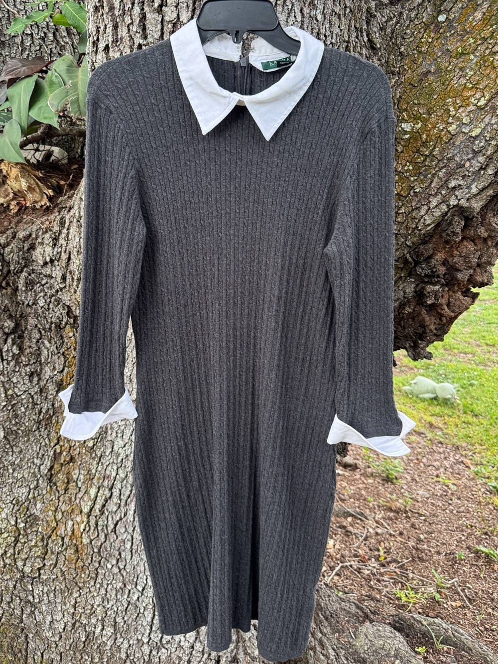 Ralph Lauren Charcoal Gray Ribbed Knit Dress with White Collar & Cuffs.Size XL